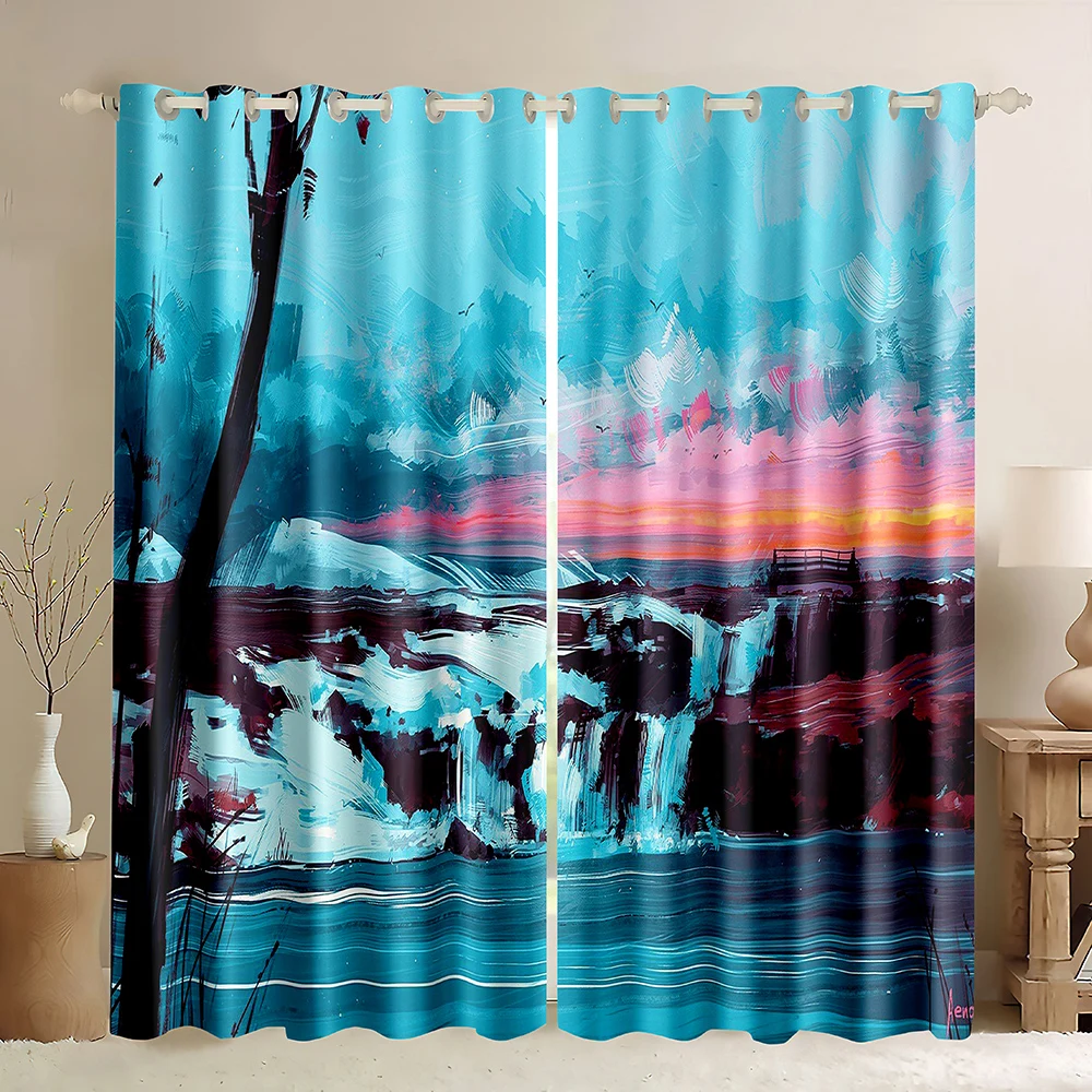 Ink Painting Window Curtains,Coast Sunset Dead Tree Blue Sky,Oil Painting Nature Landscape Abstract Art Blackout Curtains