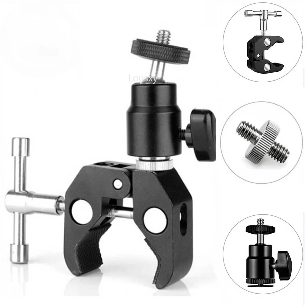 CNC Metal Super Clamp with 360° Mini Ball Head Quick Release Clamp Bracket Tripod Mount 1/4 Screw Clip for DSLR Camera Gopro