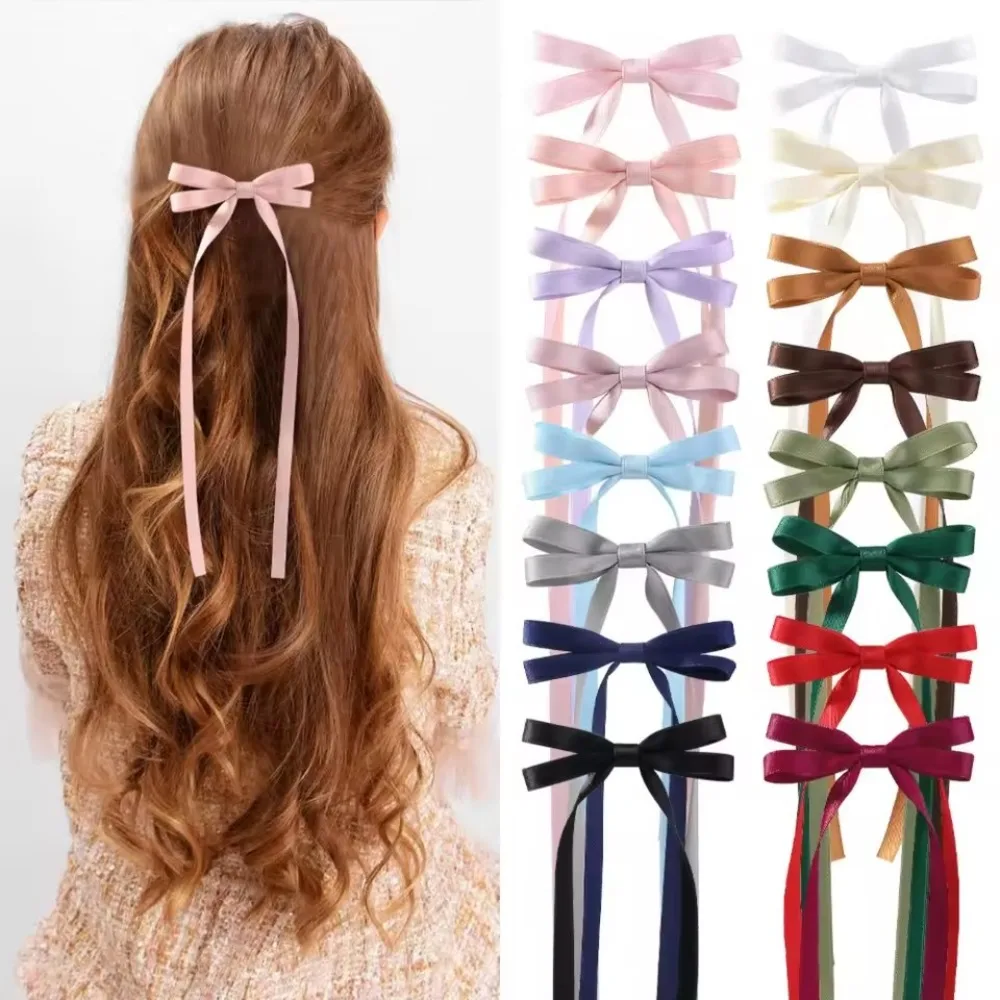 

2Pcs Fabric Hair Bow Hairpin for Women Girls Ribbon Hair Clips Headwear Solid Color Bow Top Clip Female Hair Accessories