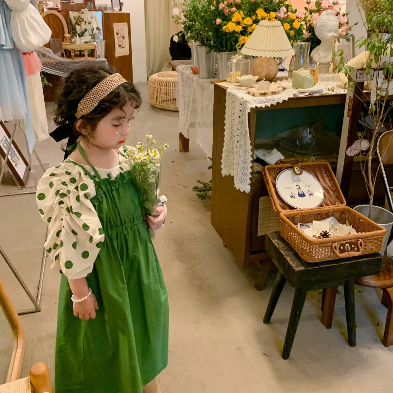 Girls' Outfit Polka Dot Puff Sleeve Round Neck Top with Strap Dress2025Spring New Fashion Foreign Trade Children's Clothing