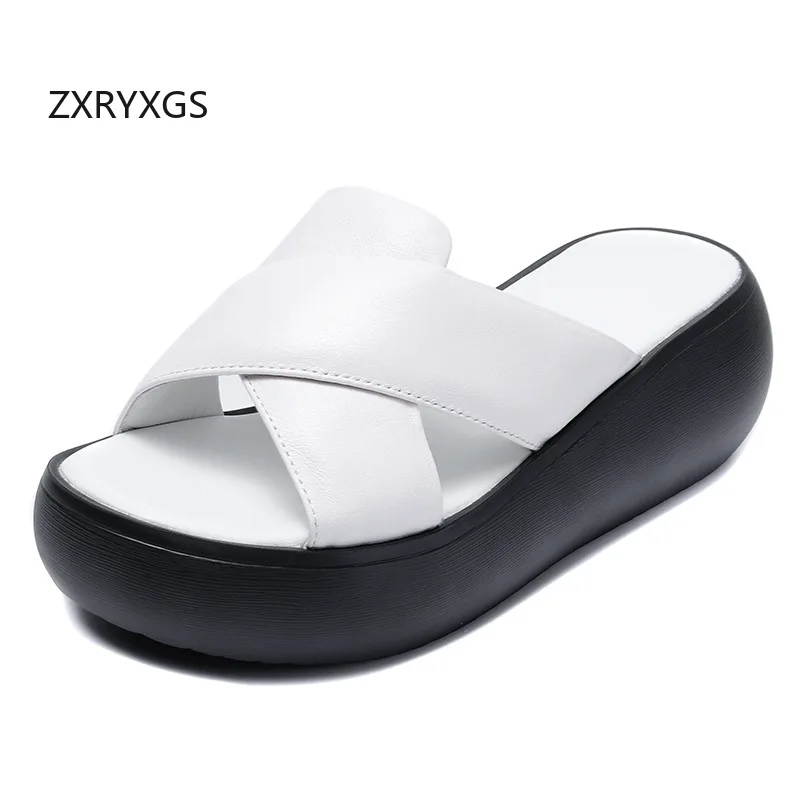 ZXRYXGS Real Cowhide Summer Outdoor Slipper 2025 Open Toe Simple Casual Slippers Platform Shoes Women Wedges Elevator Slippers