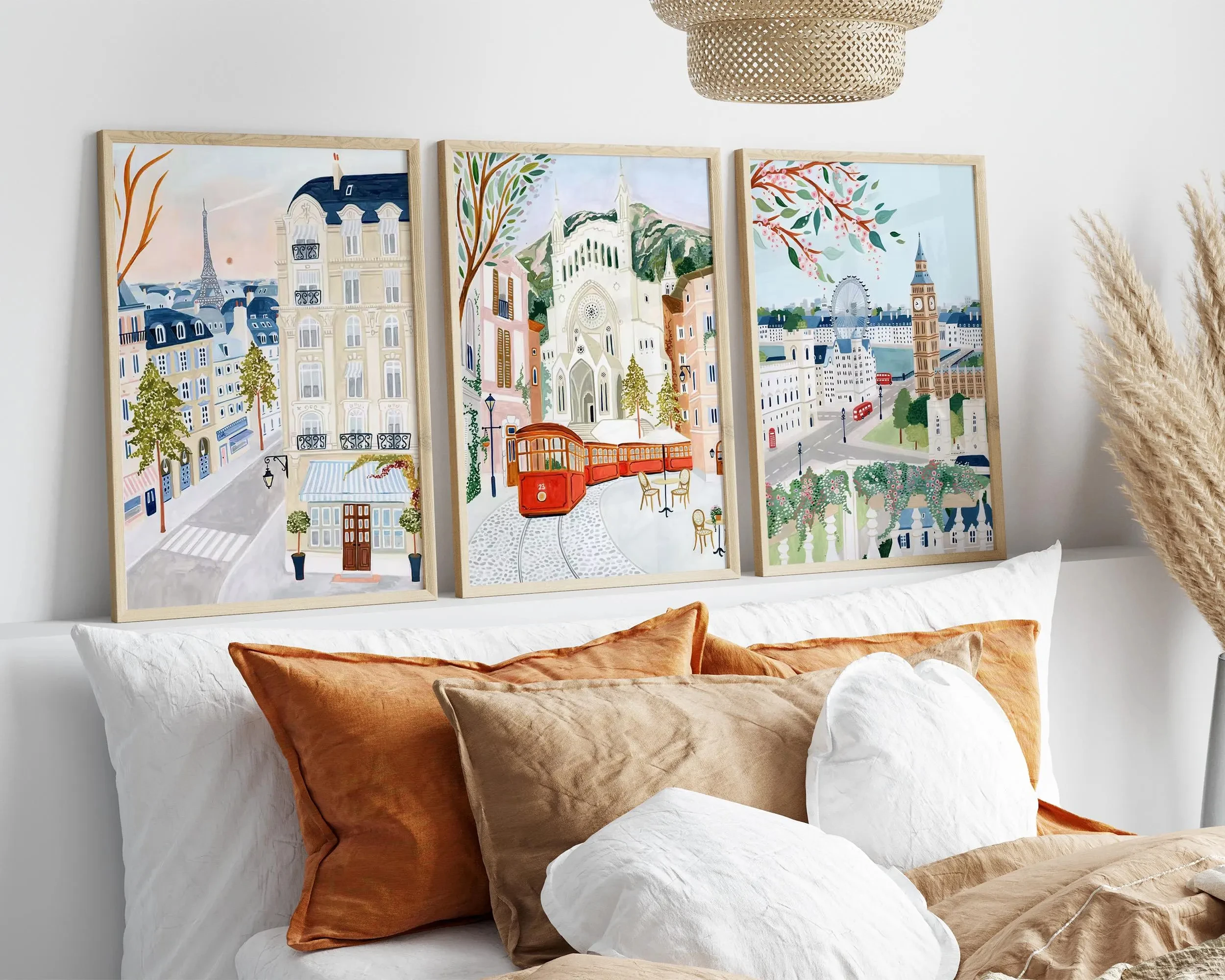 3PCS  Frameless,European Travel Wall Art Set of 3,Paris London Lisbon Prints,Romantic City Poster Collection,Pastel Vacation Dec