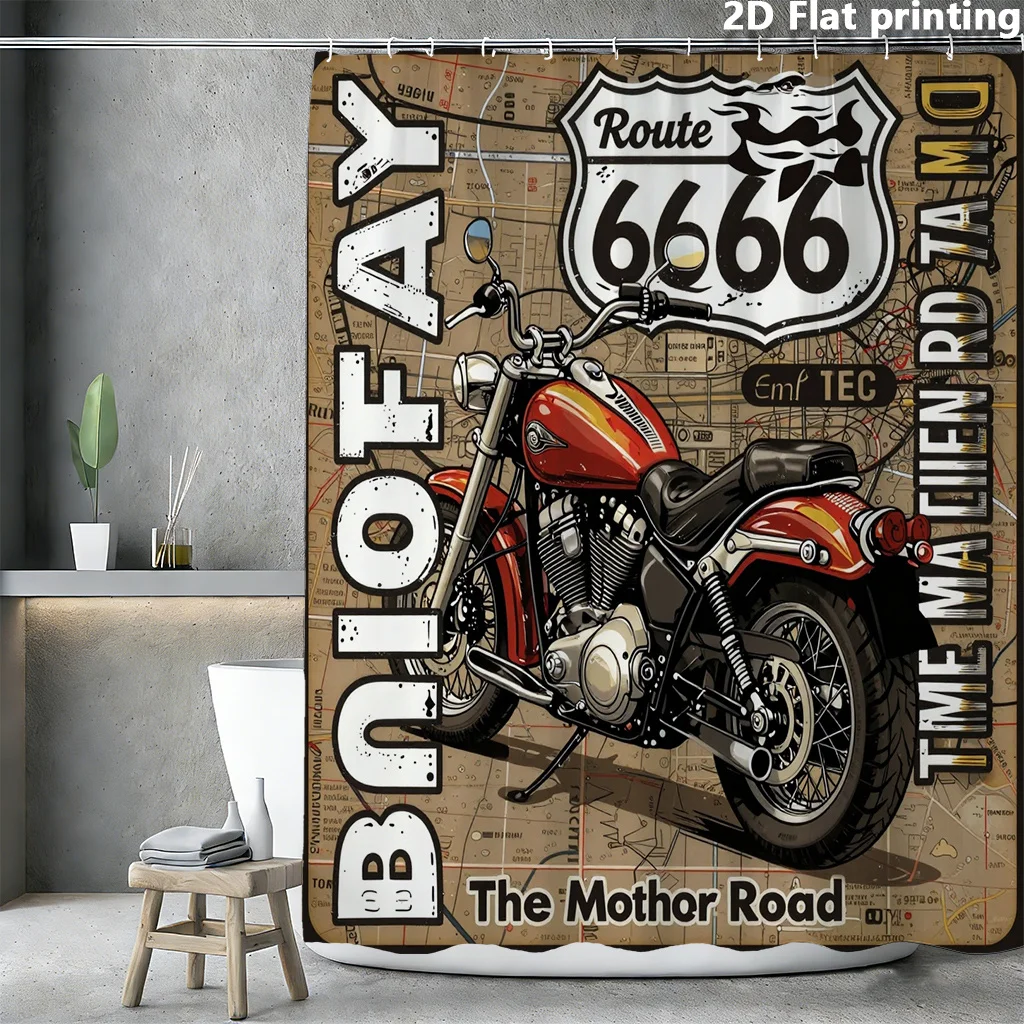 Retro Motorcycle Route 66 Shower Curtain Bathroom Wall Art Vintage Travel Map Decor Stall Curtain Unique Graphic Accent for Man