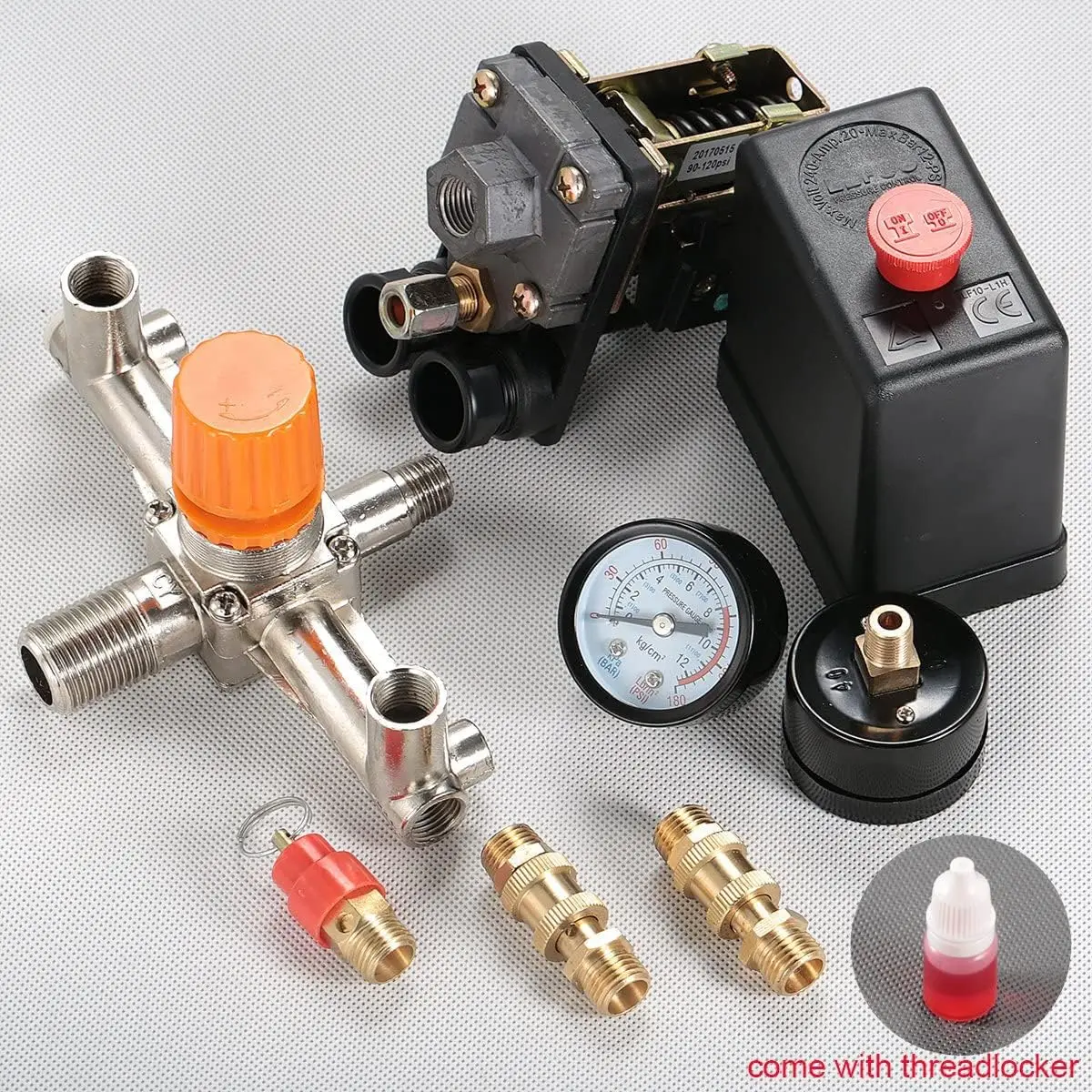 Secbolt Pressure Switch Manifold Regulator Gauges Air Compressor Pressure Switch Control Valve 90-120PSI (Vertical Switch)