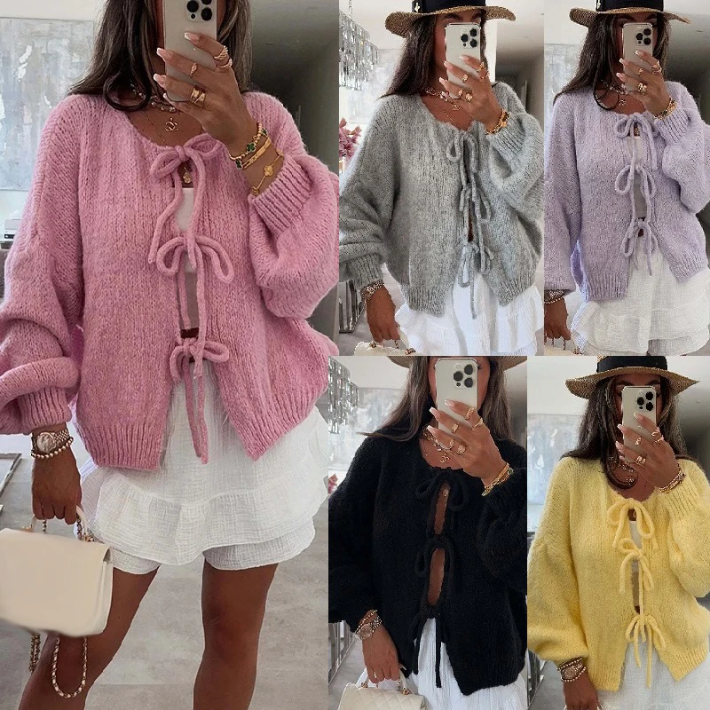 

Autumn Cardigans Sweaters For Women Lace Up O-neck Long Sleeve Knitted Bow Tie-up Solid Outerwears Sweater Tops