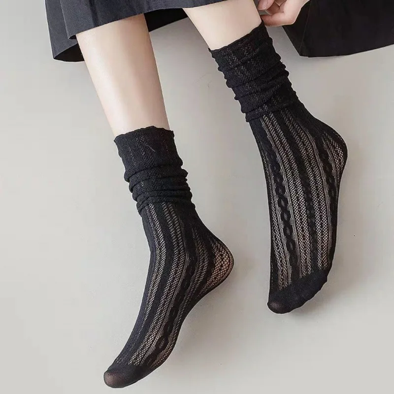 Vintage Women Socks Hollow Out Breathable Mesh Lace Socks Women Japanese Korean Fashion Solid Color Kawaii Cute Loose Long Socks image 4