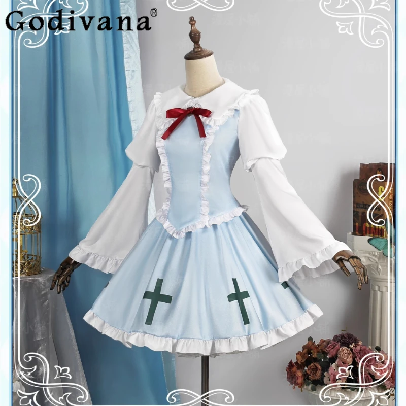 أنثى الأزرق القوطية لوليتا فستان مع شعر مستعار ل Hallowmas عيد الميلاد دور اللعب المرأة الحلو فستان الحفلات مجموعات الزي الرسمي