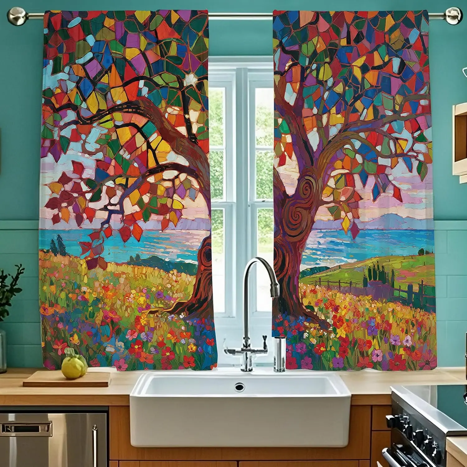 Vibrant Floral Bohemian Tree Art Window Curtains 2pcs Pair Tropical Nature Scene Drapes for Living Room Bedroom Decor