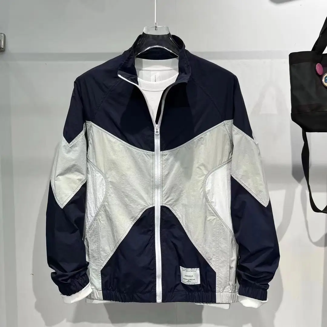 Summer New Ice Silk Sun Protection Stand-up Collar Thin Style Personality Color Collision Men Sports Coat Splice
