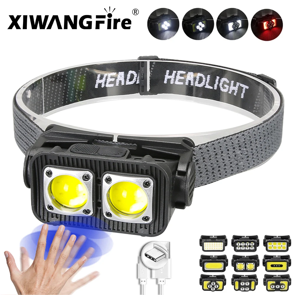 LED Wave Sensor Headlamp Portable Type-C Charging Capacity Display Strong Light Outdoor Night Fishing Night Running Head Lamp