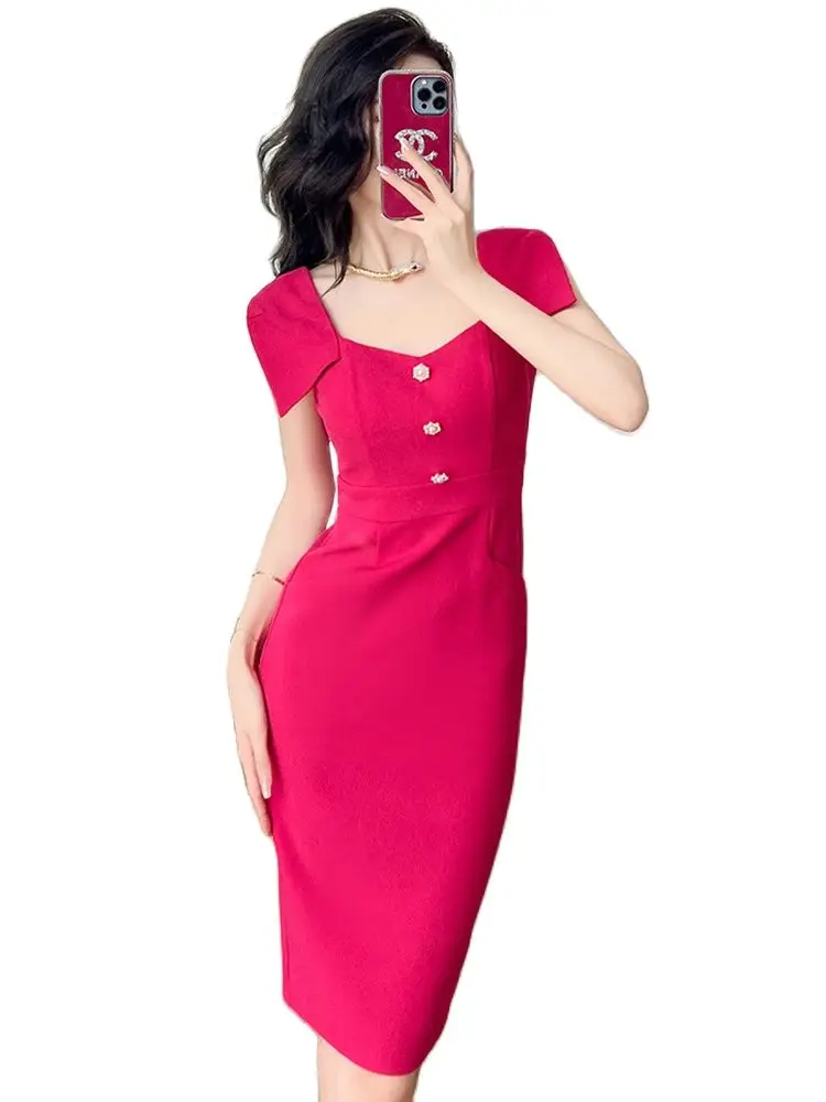 2023 Summer New Dress Women French Elegant Rose Red Dresses Pretty Sexy Bow Bodyocn Slit Midi Robe Female Party Prom Vestidos