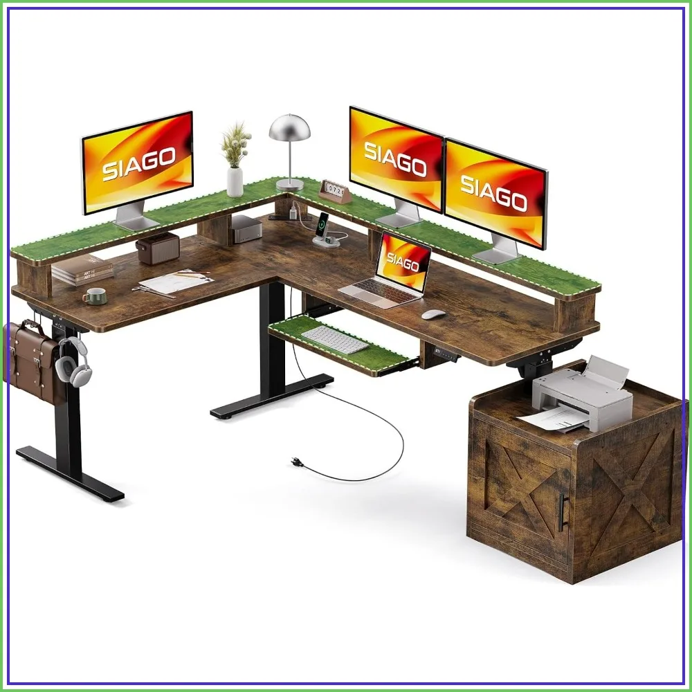 L-Shaped Standing Desk 63x55 with Monitor Shelf and Cabinet Home Office Adjustable Workstation