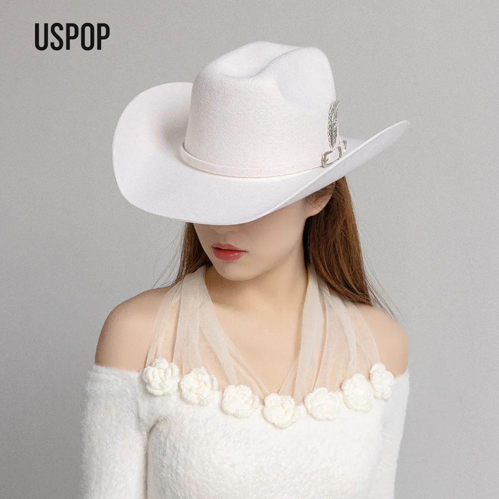 قبعة رعاة البقر من الصوف للجنسين من USPOP مع ربطة عنق على شكل أوراق شجر معدنية على الطراز الغربي بحافة واسعة في الهواء الطلق مقاسات M-XL #2