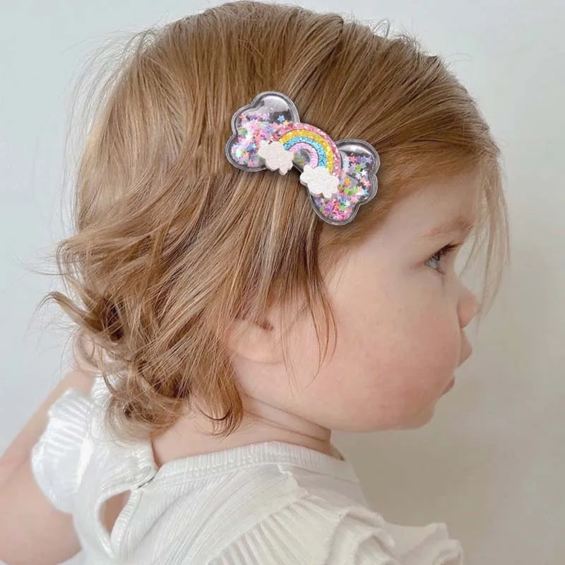 ncmama 2Pcs Rainbow Swan Unicorn Castle Star Hair Bow Clips for Baby Girls Transparent PVC Bow Hairpin Headwear Hair Accessories