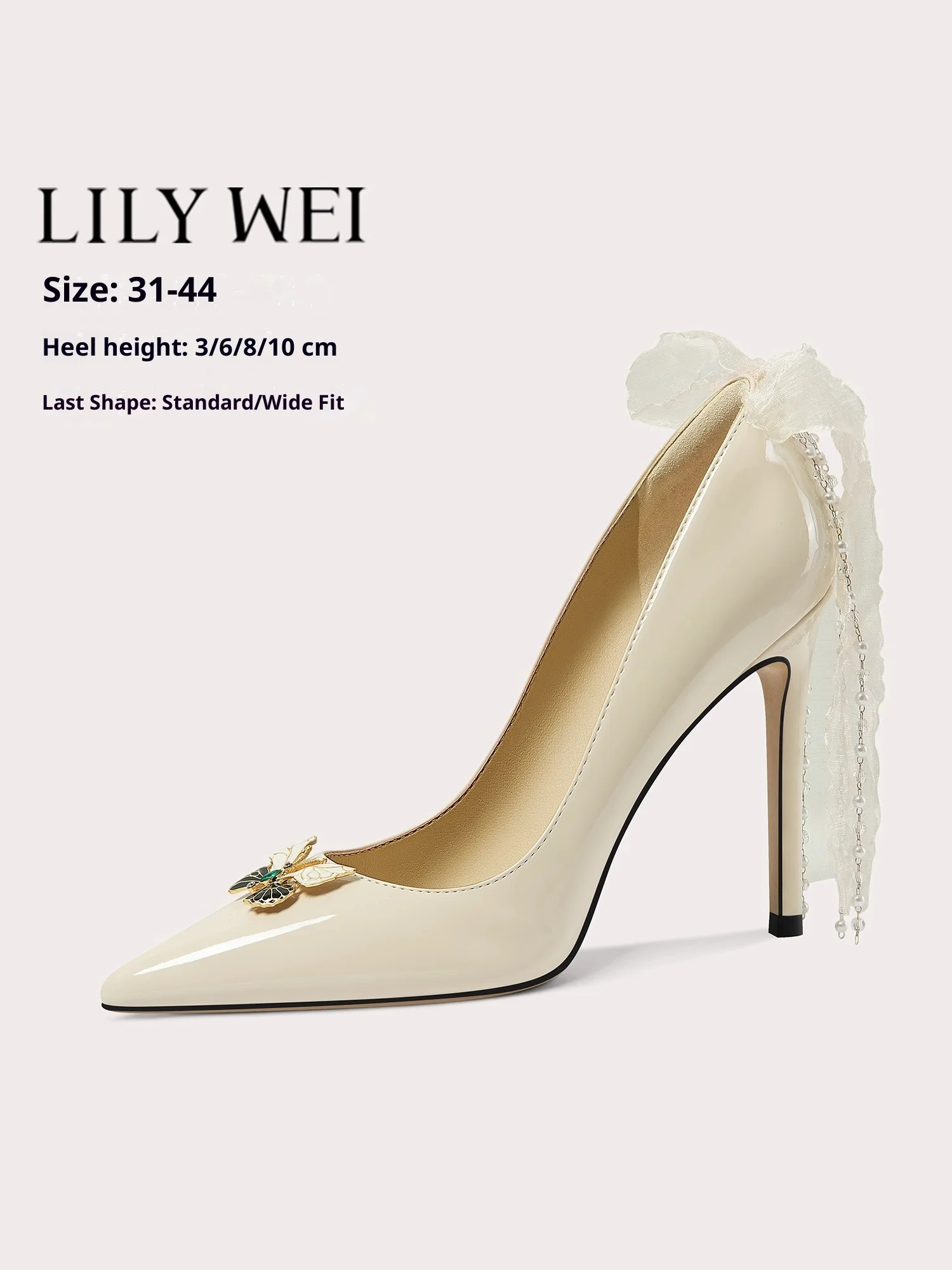 

High heels spring new pointed leather rhinestone pearl ribbon butterfly wedding shoes banquet large size small size women's shoe