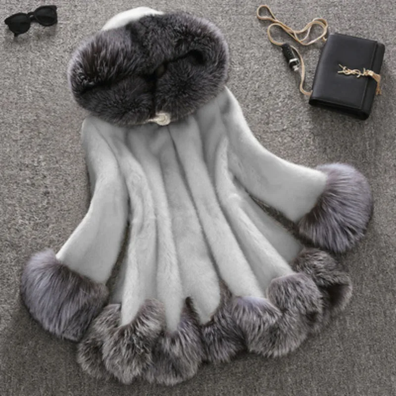 Fur Lined Coat Medium Length Imitation Mink Female Slim Fitting Hood with Thickened Fur Coat