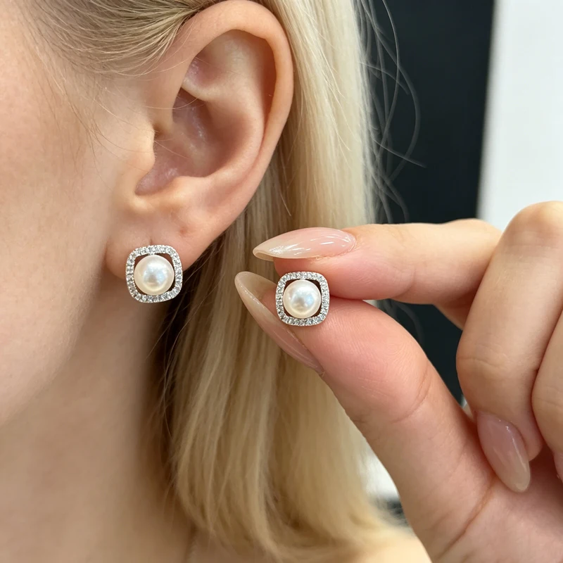 Rounded Square Frame Zircon Pearl Ear Studs Silver Tone Luxury Piercing Accessory For Ladies Dating Banquet Valentine Holiday