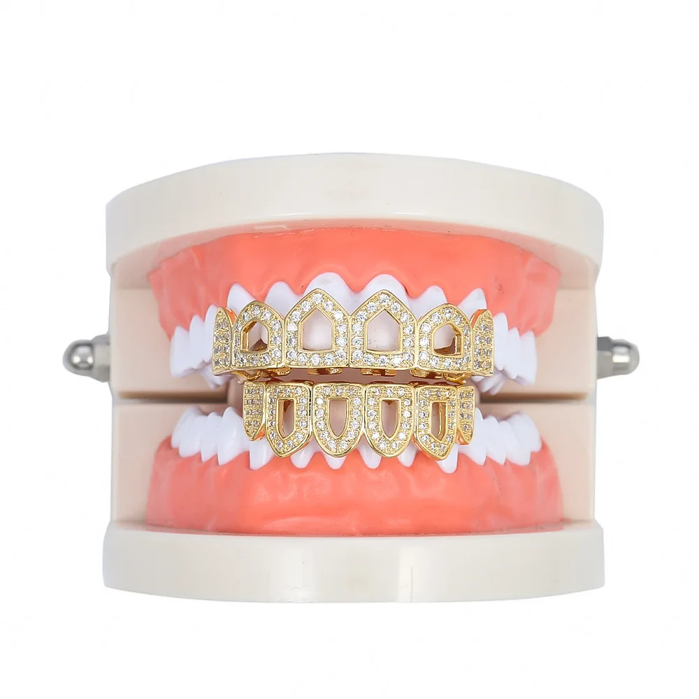 Juego de parrillas de circón cúbico para hombres y mujeres, piedras de CZ completas, dientes de estrella, tapas Grillz, Iced Out, encanto superior e inferior Micro pavé, joyería de Hip Hop