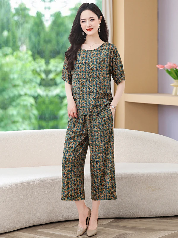 

Summer Mommy Cotton Silk Thin Set Elderly Sleepwear Outdoor Wearable Large Size Pants Two-Piece Set Casual Loose Fit Floral P...