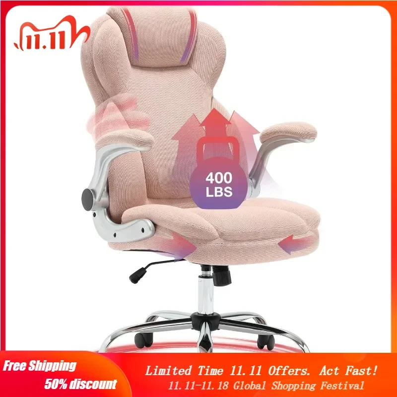 Big and Tall Fabric Pink Office Chair Duty Executive Desk Chair with Extra Wide Seat, High Back Ergonomic Leather Computer