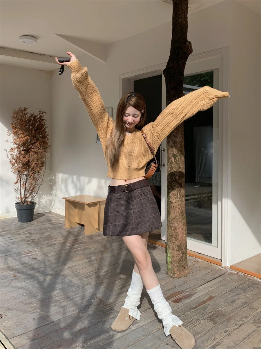 Design Sensation Hollow V-ne ort Sweater Dames losse slanke hoge taille buik ow gebreide top Lantern Sve Long Sve