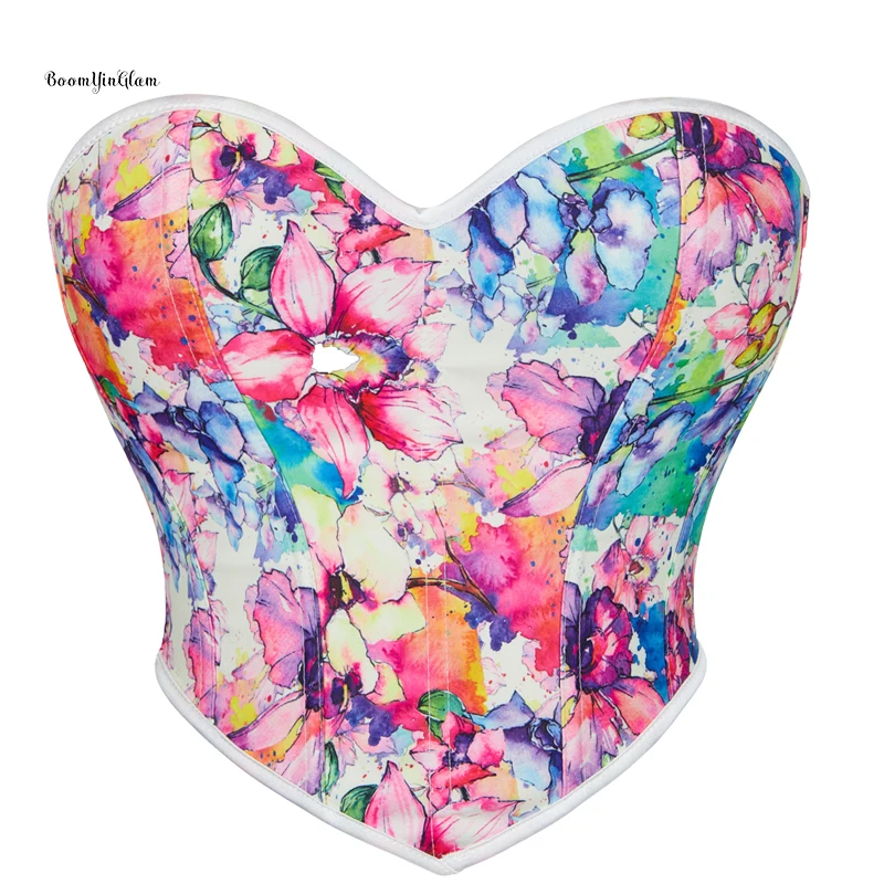 Women Summer Floral Corset Crop Top Strapless Boned Bustier Cute Zip Back Party Bodyshaper