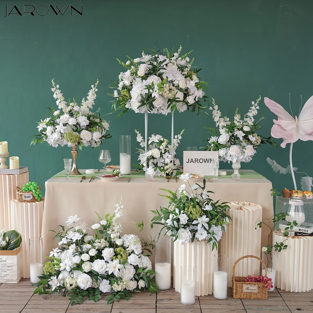 

Centerpieces for Weddings Greenery Style Artificial White Rose Delphinium Flower Arrangement for Event Main Table Decors J2699