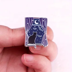 Moonlit Night Window Black Cat Bat Brooch Halloween Pin Accessory Badge