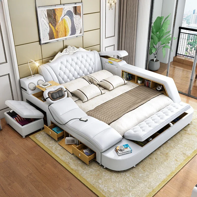 White High End Double Bed Designer European Luxury Modern Twin Bed Frame Platform Multifunctional Cama Box Casal Furniture