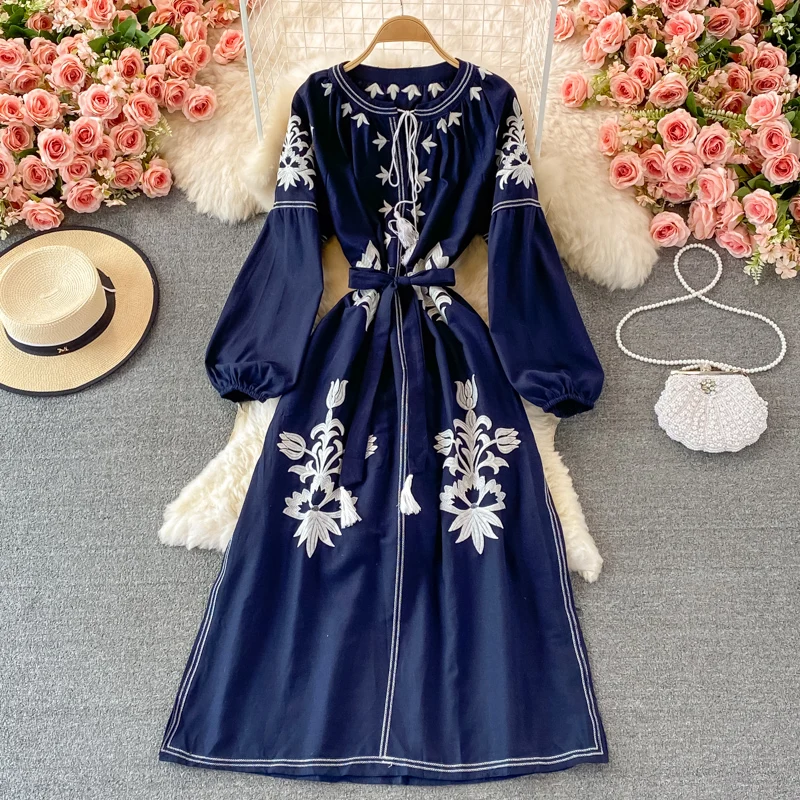 Zomer Gele Elegante Dames Lange Jurk Voor Meisjes Geborduurde Bloemenjurk Stropdas Split Retro Stijl Boho Beach Maxi Jurken