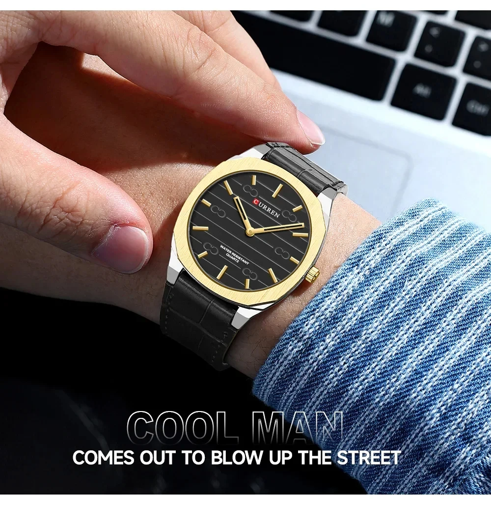 CURREN 8480 Men's Minimal Quartz Watch Without Seconds Hand, Fashion Slim Lightweight Genuine Leather Strap Wristwatches