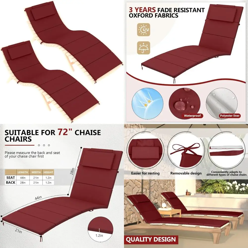 

Outdoor Foldable Chaise Lounge Cushions with Headrest, Weather and Fade Resistant Replacement Cushions for Patio Chairs