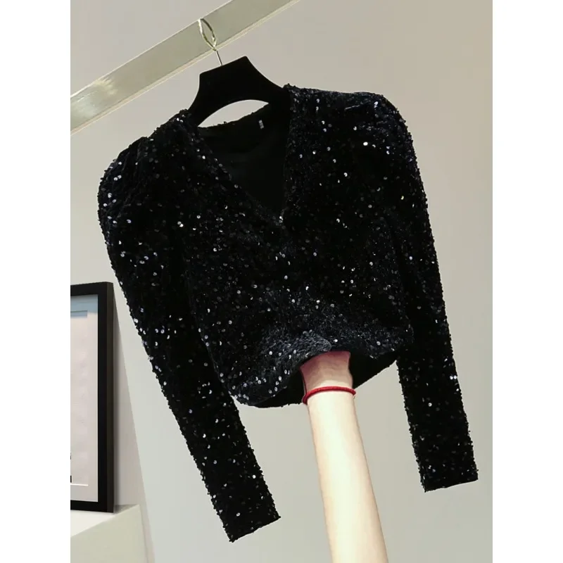 Autumn and Winter New High-end Sequined Short Red Velvet Top Women Shinny Blouse Female Elegant Long Bubble Sleeve Velvet Shirt