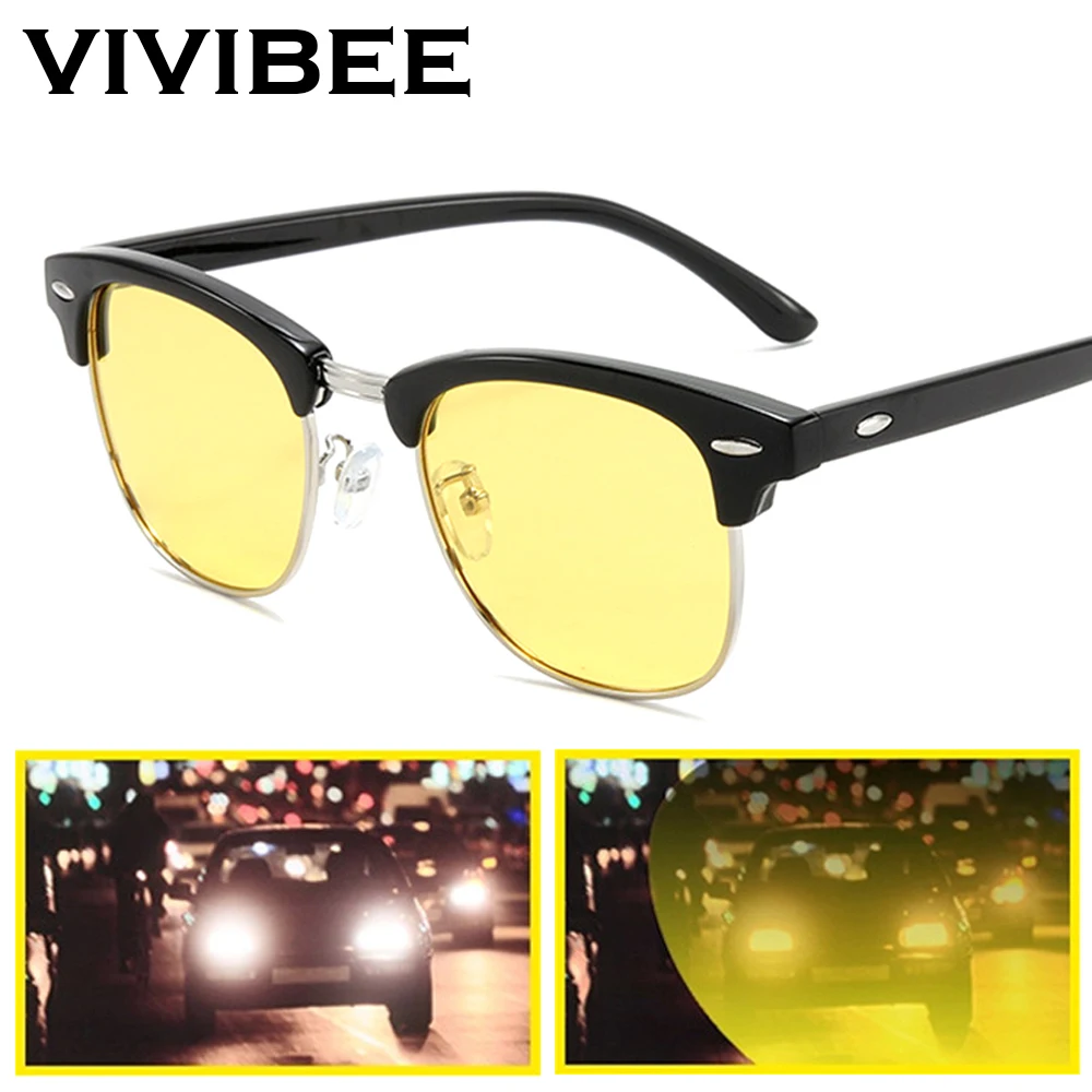 Classic Polarized Night Vision Driving Glasses Men Yellow Semi-Rimless Goggles Square 2024 Women UV400 Sunglasses