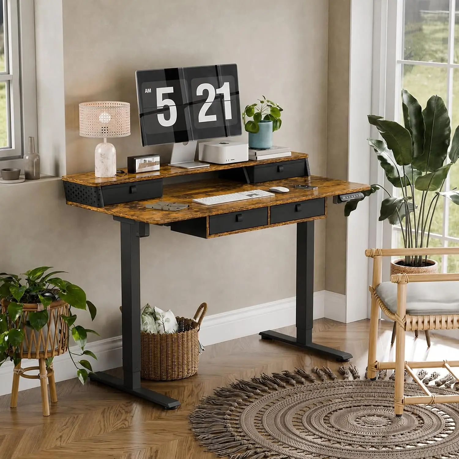 Electric Standing Desk With 4 Drawers, 55x24 Inch, Rustic Brown, Customized