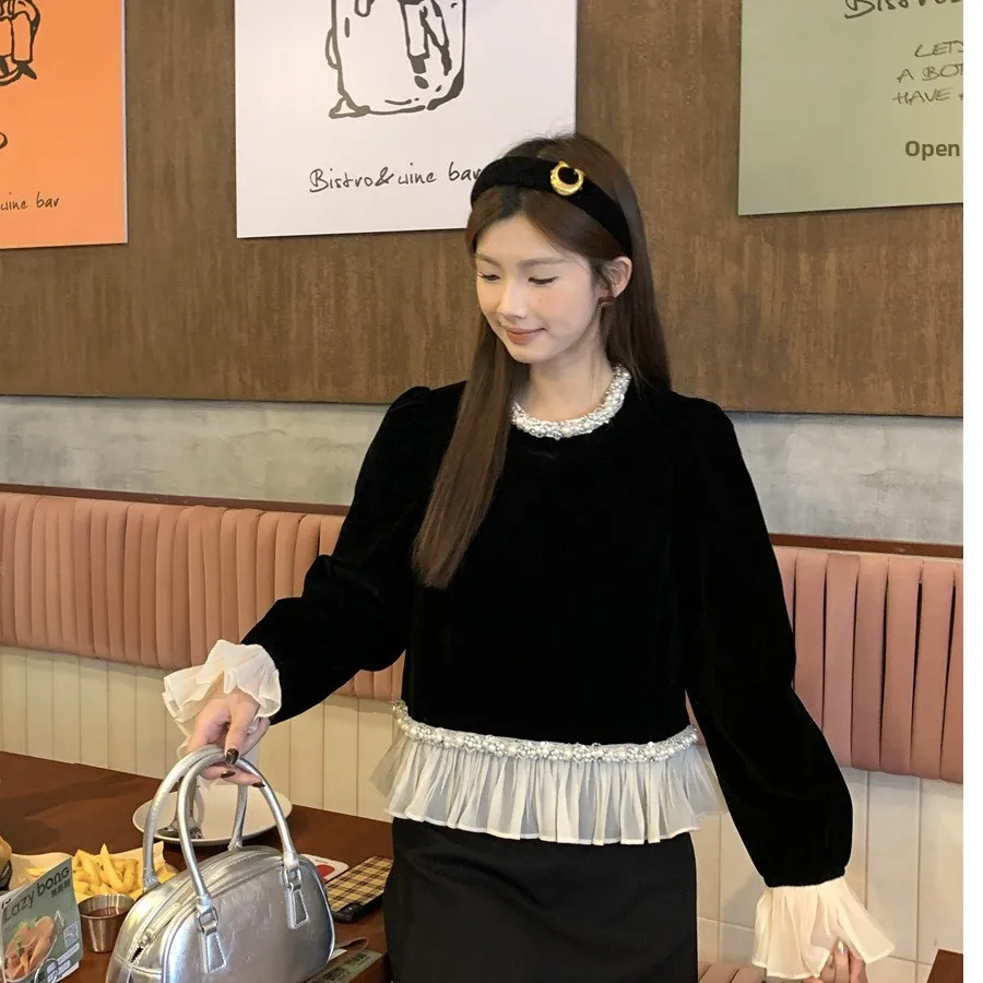 

Autumn New Sle Hepburn Heavy Embellied Pearl Decorated Patchwork Lace Bubble Sve Velvet Top Women's Faion Commute Sle