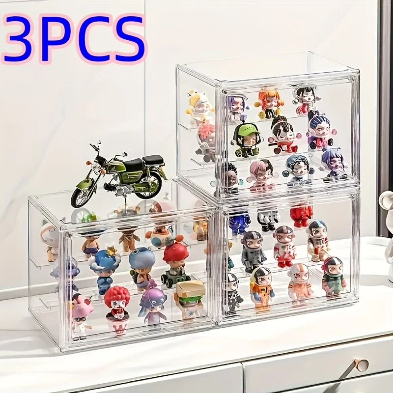 

3pcs Clear Stackable Figure Display Cases | Plastic Storage Bins with Magnetic Attraction Door, Dustproof, Multipurpose, Flip To