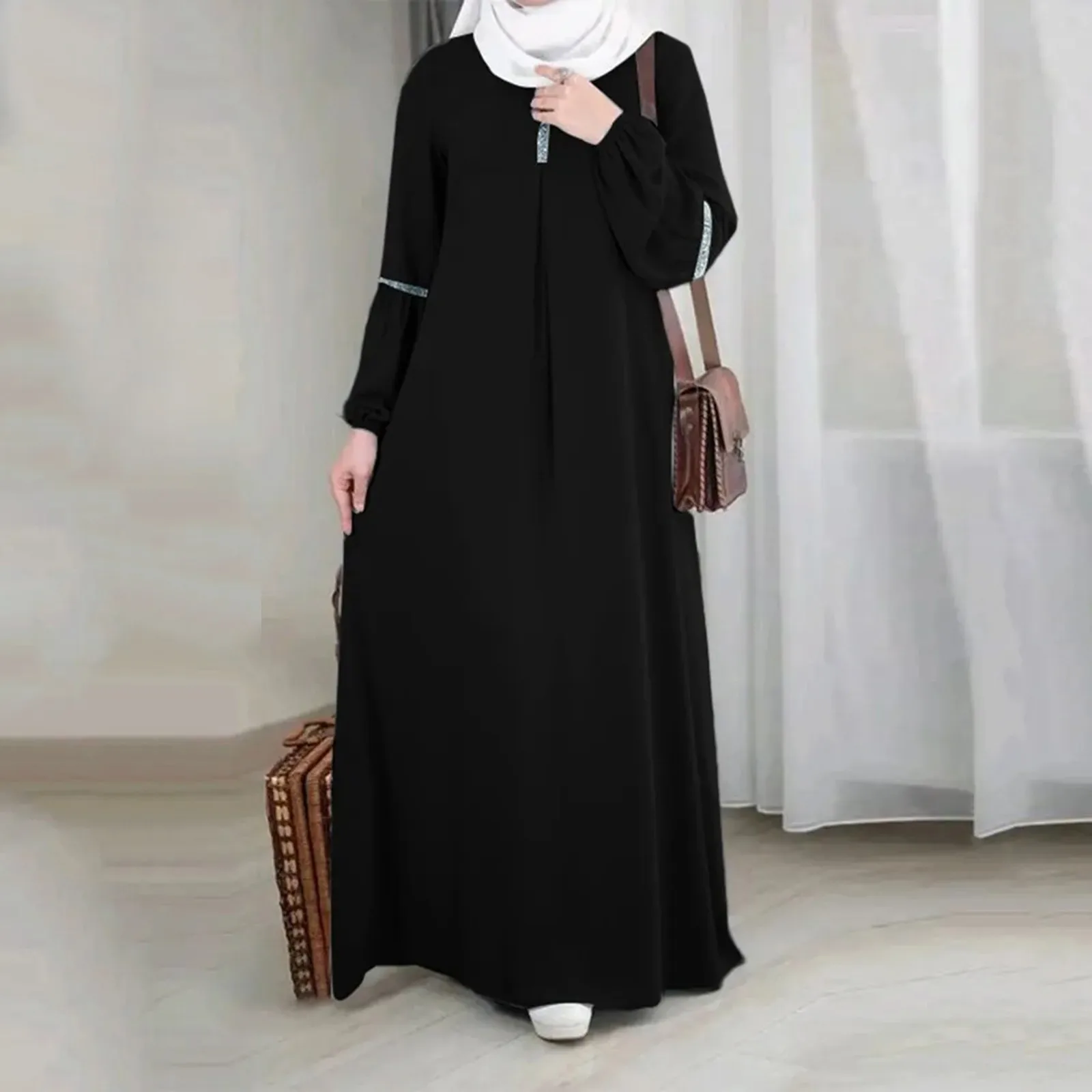 Women's Fashion Elegant Muslim Long Sleeve Round Neck Loose Temperament Prayer Clothing 2024 Spring New Black Dubai Maxi Dress