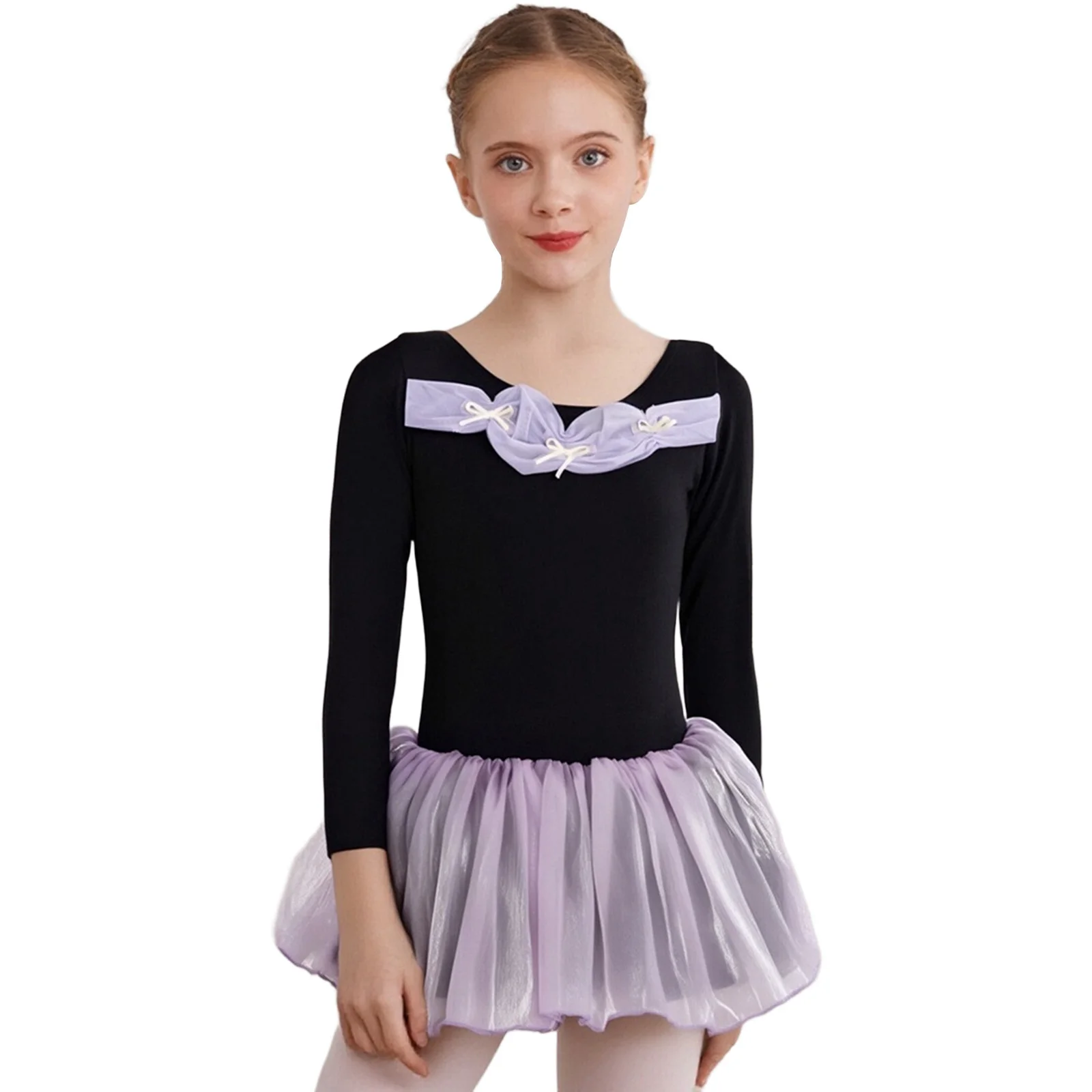 발레 드레스 체조 레오타드 어린이용 소녀용 리본 장식 주름 긴 소매 튤 튜튜 레오타드 드레스 공연 대회용