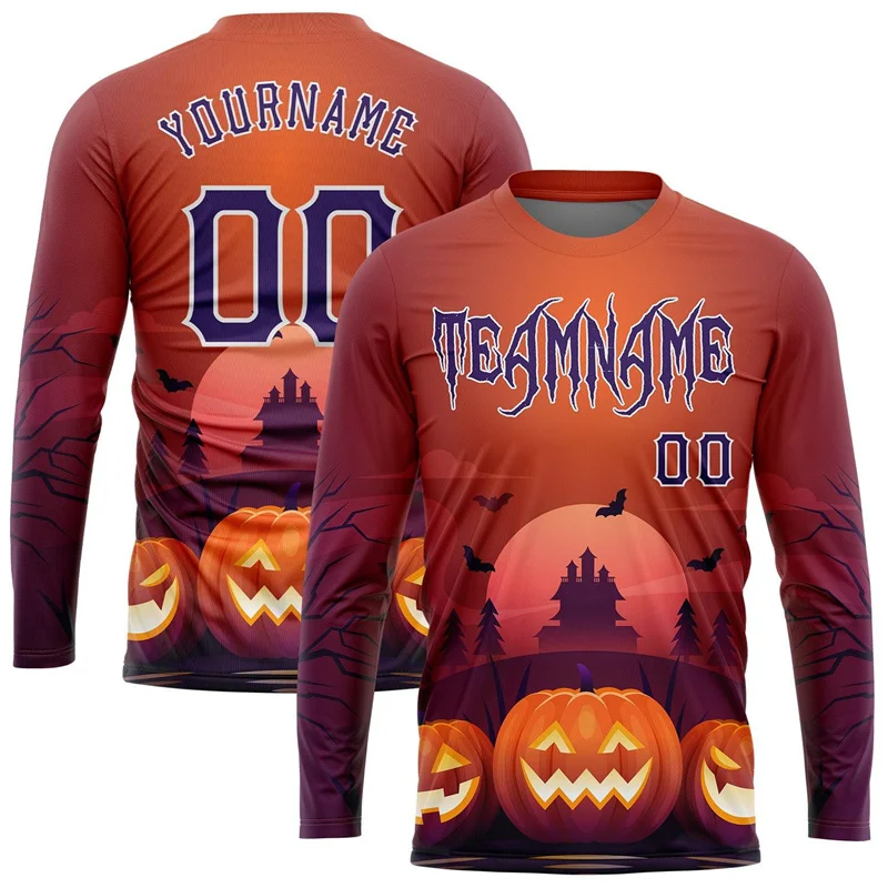 Custom Name Number Halloween Long Sleeve Jersey Personalized Team Print Ghost Pumpkin Haunted House Graphic Party Sport Tops