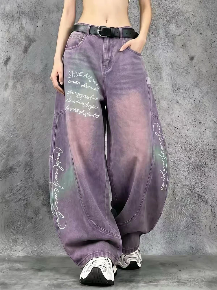 REDDACHiC Women Lettering Barrel Baggy Jeans Hiphop Purple Oversized Distressed Graphic Seam Panel Denim Pants Skater Streetwear