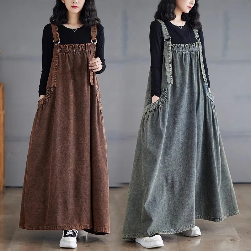Spring Summer Autumn And Winter Denim Overall Dress Women Retro Loose Sleeveless Large Size Long Style Suspender Dress k2590 ﻿