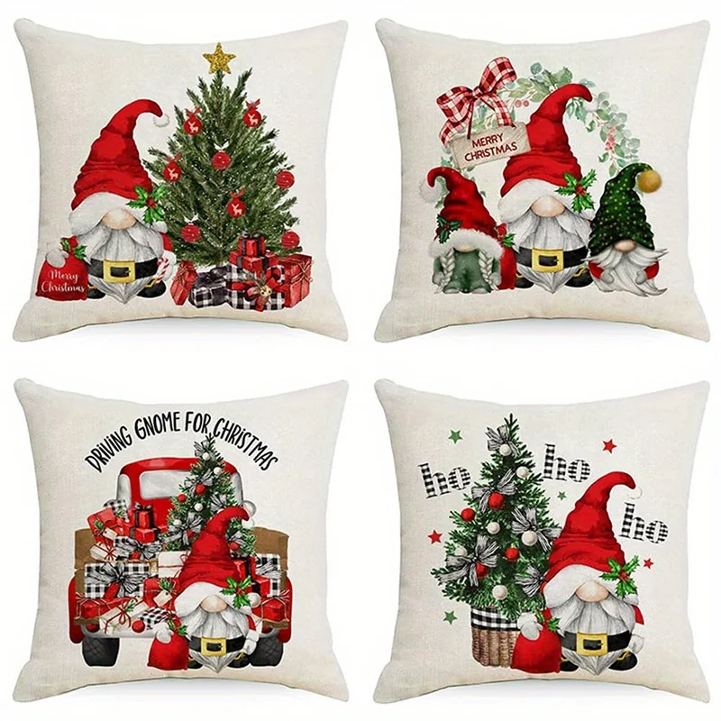 Home Decor Gnomes with Christmas Trees and Gifts Decor Pattern Cushion Cover Suitable for Sofa Bedroom Car Pillow Cover