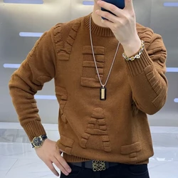 Men's Spring and Autumn 2024 New Splicing Pullovers O-Neck Letter Fashion Solid Color Loose Casual Long Sleeve Knitted Top