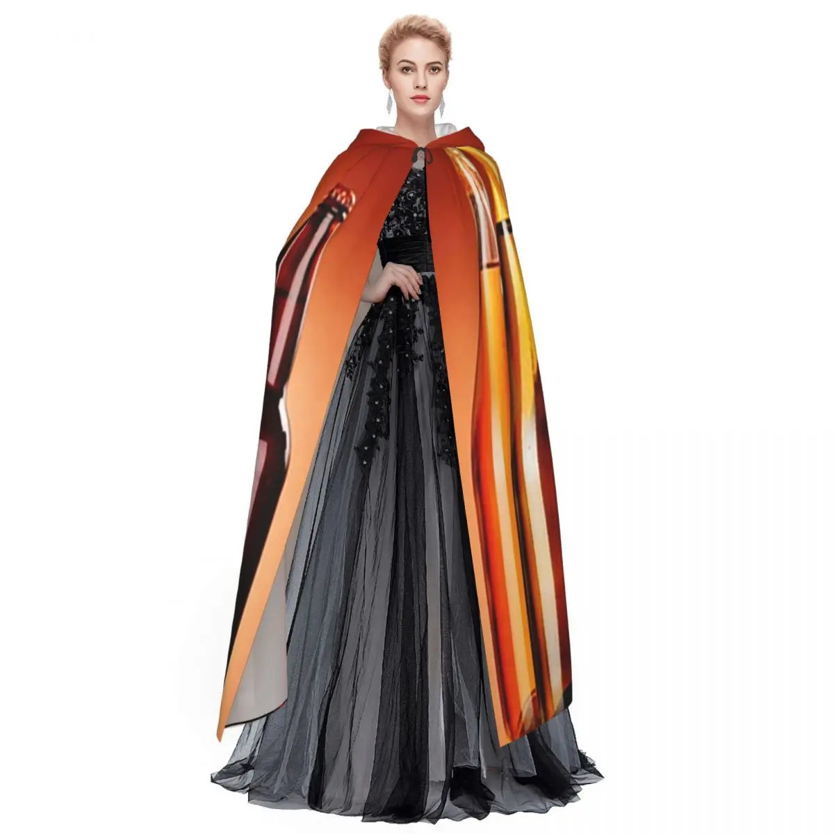 زجاجات المشروبات الكحولية المتنوعة البيرة والنبيذ عباءة طويلة مقنعين الساحرة القرون الوسطى زي تأثيري كيب هالوين معطف الكبار