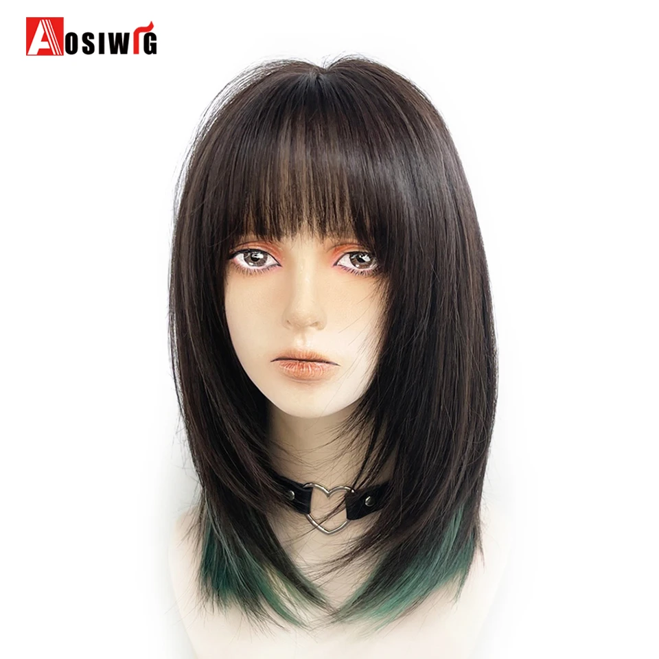 Women Green Cosplay Synthetic Wig Dyed Japanese Wolf Tail Fish Head With Locksat Collarbone Celebrity Wig