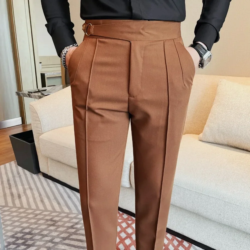 High Waist Men Suit Pants 2024 Autumn British Style Slim Fit Solid Business Casual Formal Dress Trousers Fashion Men Clothing