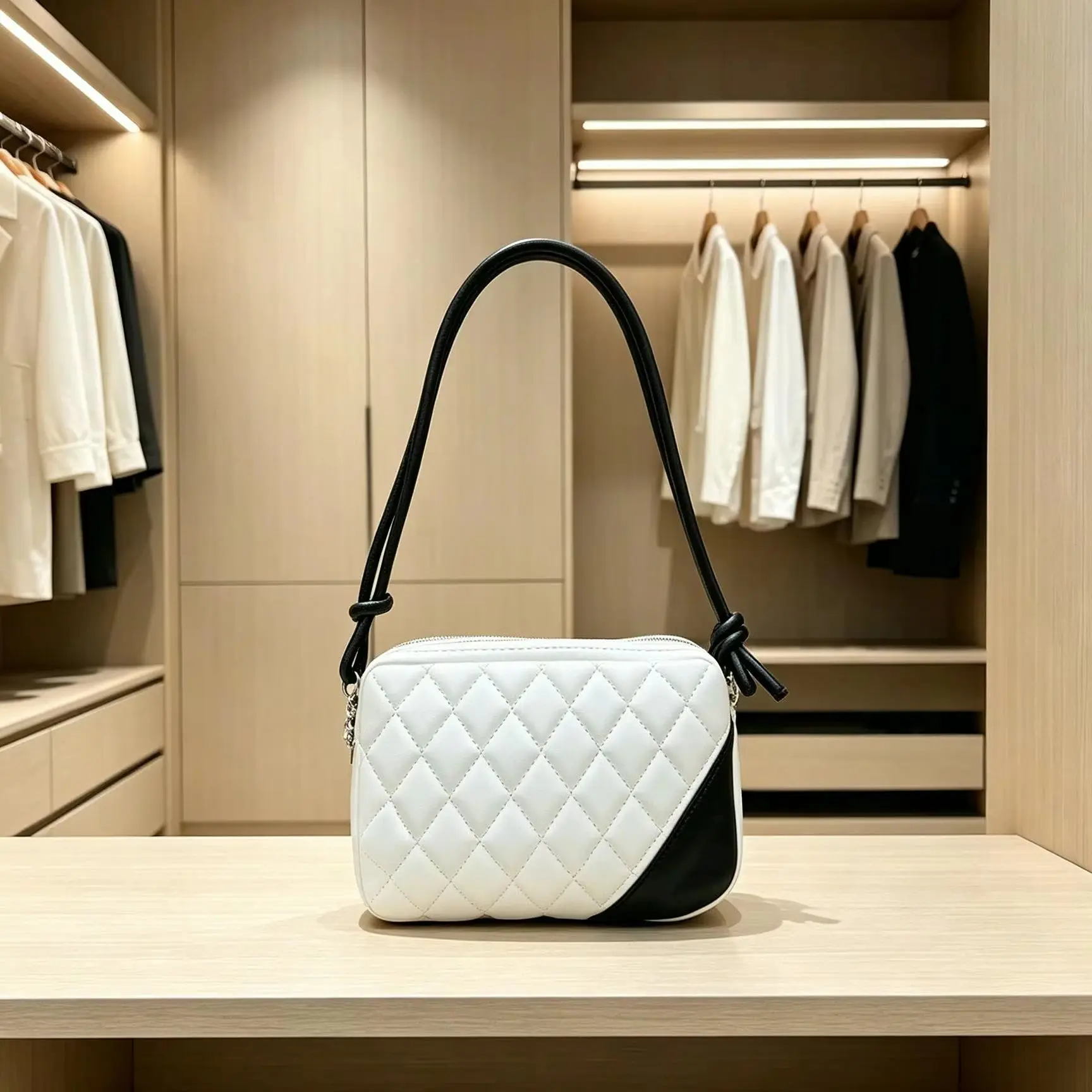 White Black Color Block Diamond Quilted Shoulder Bag for Women, Knot Detail Underarm Handbag