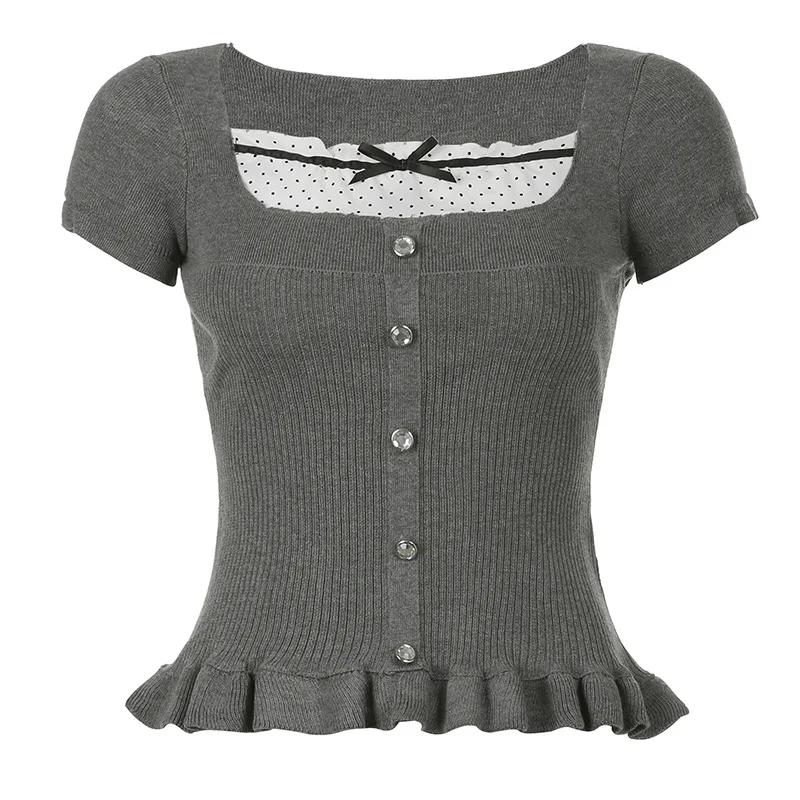 Women Knitting Shirt, Short Sleeves Square Neck Knitting Buttons Dot Print Casual Party Street Ruffled Tops