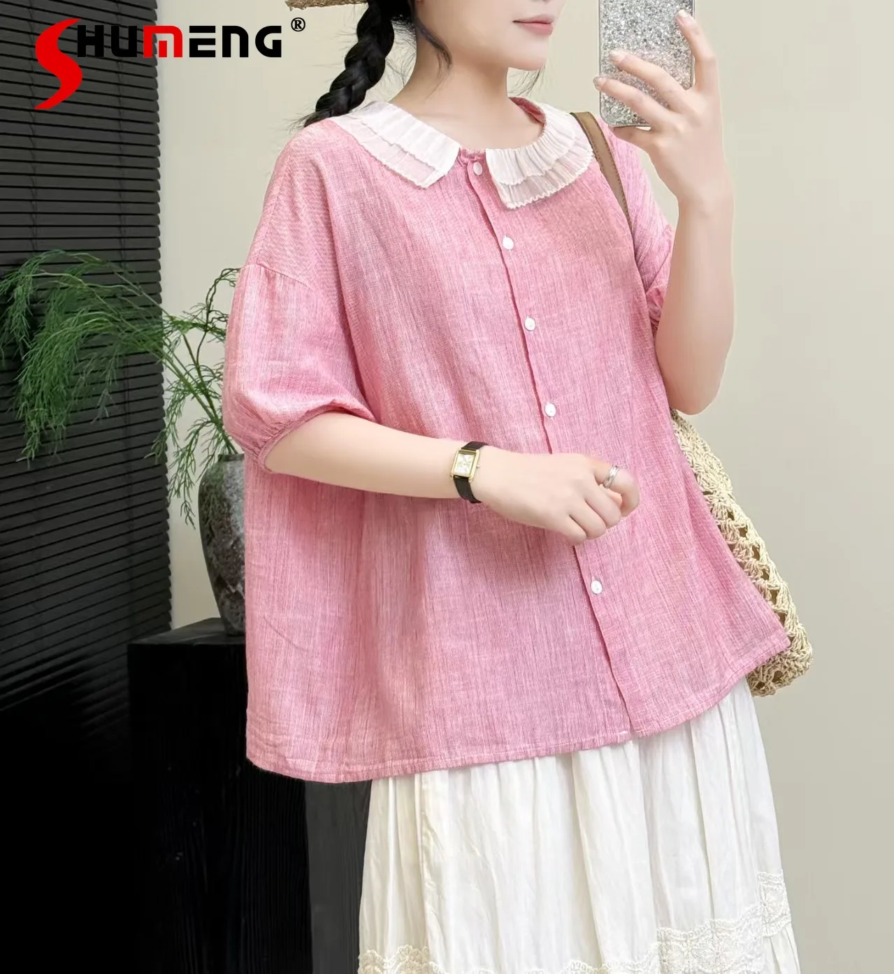 

Japanese Sweet Mori Girl Splicing Doll Collar Bubble Short Sleeve Single-breasted Loose Elegant Versatile Shirt Top Women Summer